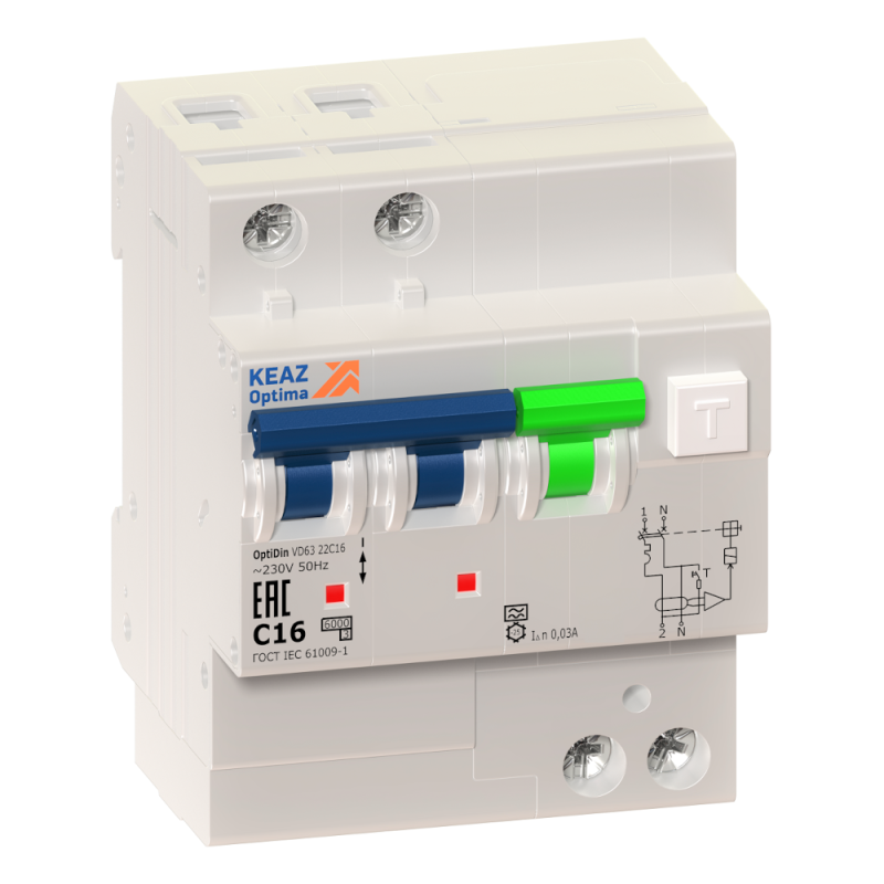 Выключатель автоматический дифференциального тока 2п C 16А 30мА тип A 6кА OptiDin VD63 УХЛ4 КЭАЗ 103453