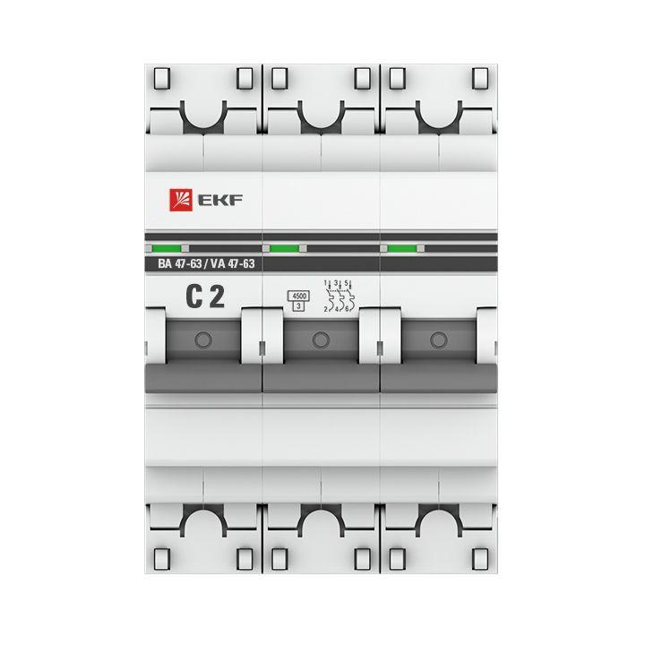 Выключатель автоматический модульный 3п C 2А 4.5кА ВА 47-63 PROxima EKF mcb4763-3-02C-pro
