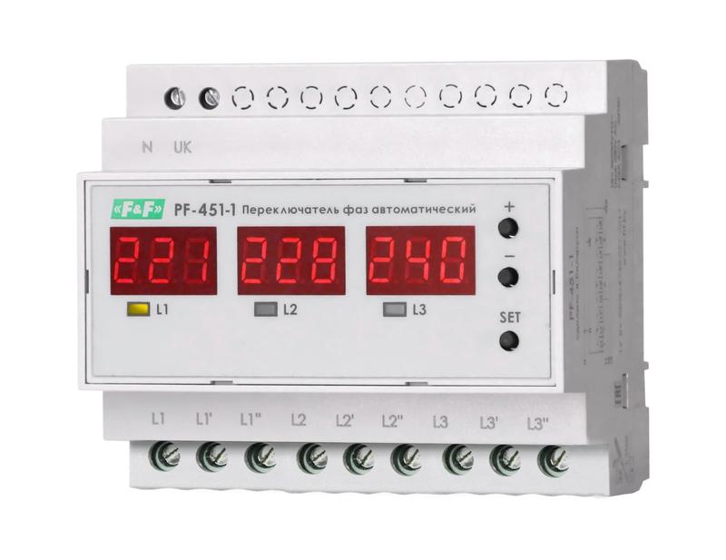 Переключатель фаз автоматический PF-451-1 (2 режима работы: с или без приоритетной фазы. Порог переключения: нижний 140-210В; верхний 240-300В; 3х63А монтаж на DIN-рейке) F&F EA04.005.005
